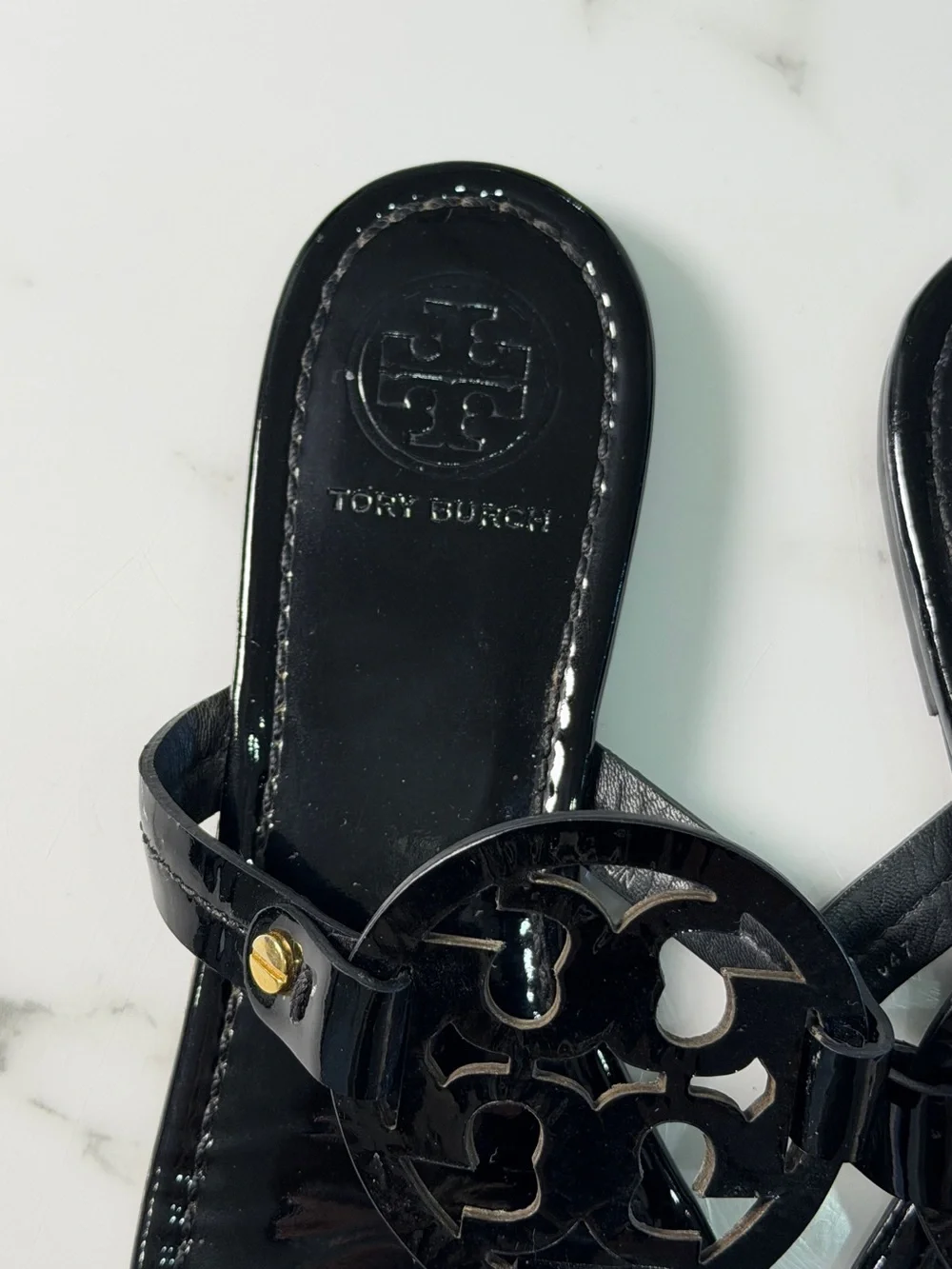 Tory Burch Miller Black Patent Leather Logo Sandals Women's Size 7